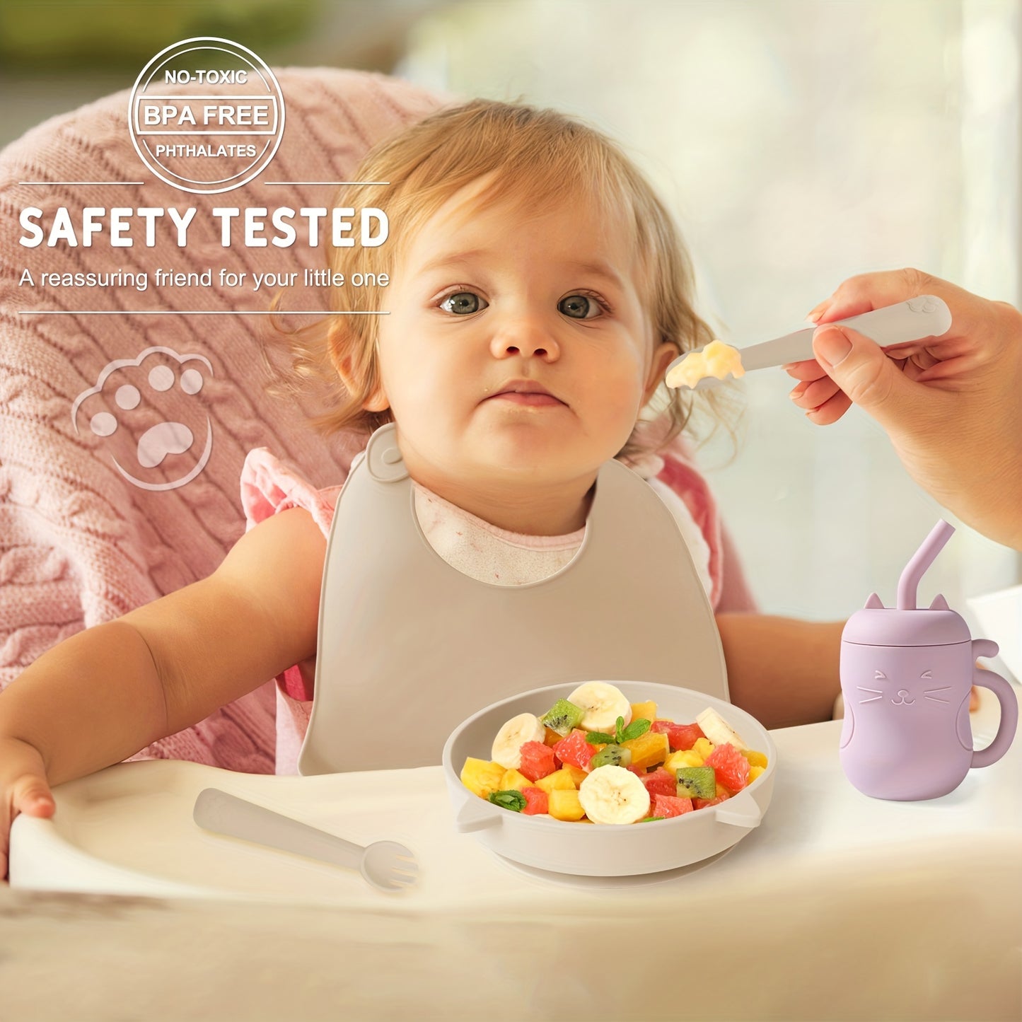 TYRY.HU Baby Feeding Set Silicone Feeding Set Shallow Tray Kitten Design Baby Silicone Tableware, Toddler Eating Utensils, With Suction Cup, Shallow Tray Bib Soft Spoon Fork Cup, Tough Tableware Set, Edible Grade Silicone, Sa