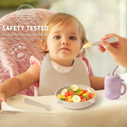 TYRY.HU Baby Feeding Set Silicone Feeding Set Shallow Tray Kitten Design Baby Silicone Tableware, Toddler Eating Utensils, With Suction Cup, Shallow Tray Bib Soft Spoon Fork Cup, Tough Tableware Set, Edible Grade Silicone, Sa