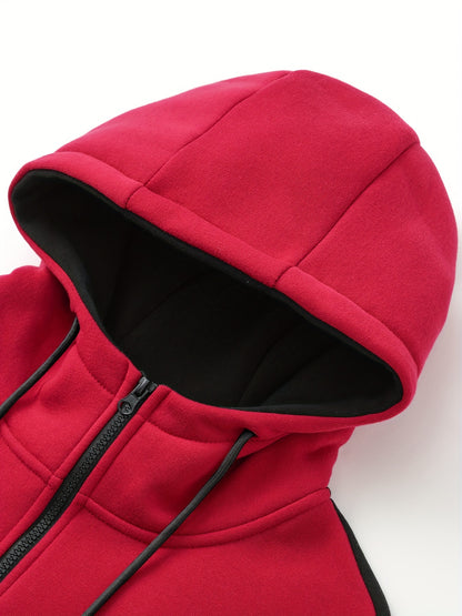 Two-Piece Color Block Men's Casual Sportswear Hoodie Set, Zip-Up Drawstring Jogging Suit For All Seasons
