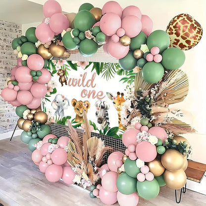 127pcs Wild One Birthday Decorations for Girls of Safari Jungle Theme Balloon Garland Arch Kit, Pink Wild One Balloons Arch with Backdrop 5X3ft for Girl 1st Birthday Party Decor Supplies