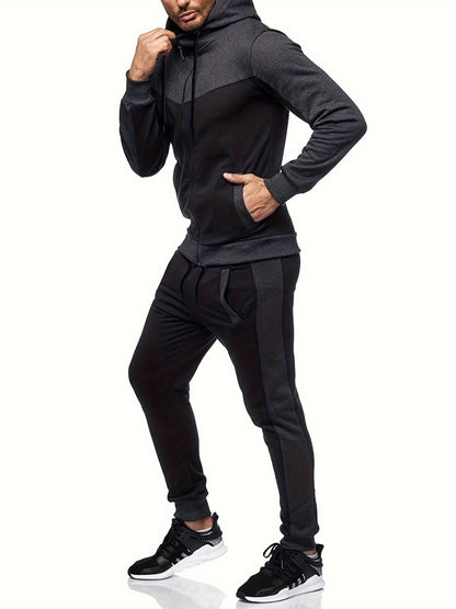 Two-Piece Color Block Men's Casual Sportswear Hoodie Set, Zip-Up Drawstring Jogging Suit For All Seasons