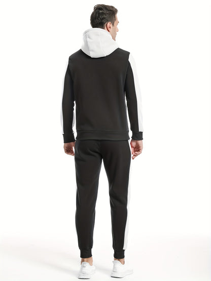 Two-Piece Color Block Men's Casual Sportswear Hoodie Set, Zip-Up Drawstring Jogging Suit For All Seasons
