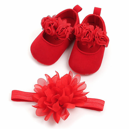 Baby Girls Mary Jane Flat Shoes With Floral Decor & Headband, Princess Wedding Crib Shoes For Infant Newborn First Walkers Prewalkers