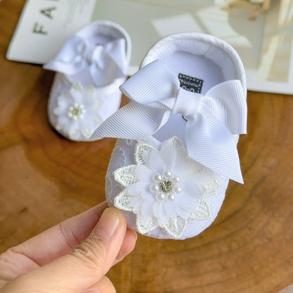 Baby Girls Mary Jane Flat Shoes With Flower Decor Soft Comfy Crib Shoes First Walker Shoes For Newborn Infant, Spring And Summer