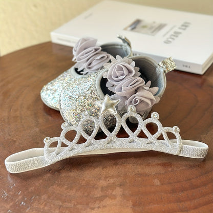 2pcs Baby Girls Mary Jane Flat Shoes With Flower Decor & Crown Headband, Princess Dress Crib Shoes First Walker Shoes For Newborn Infant