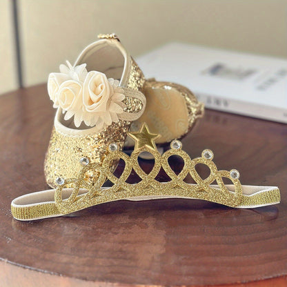 2pcs Baby Girls Mary Jane Flat Shoes With Flower Decor & Crown Headband, Princess Dress Crib Shoes First Walker Shoes For Newborn Infant