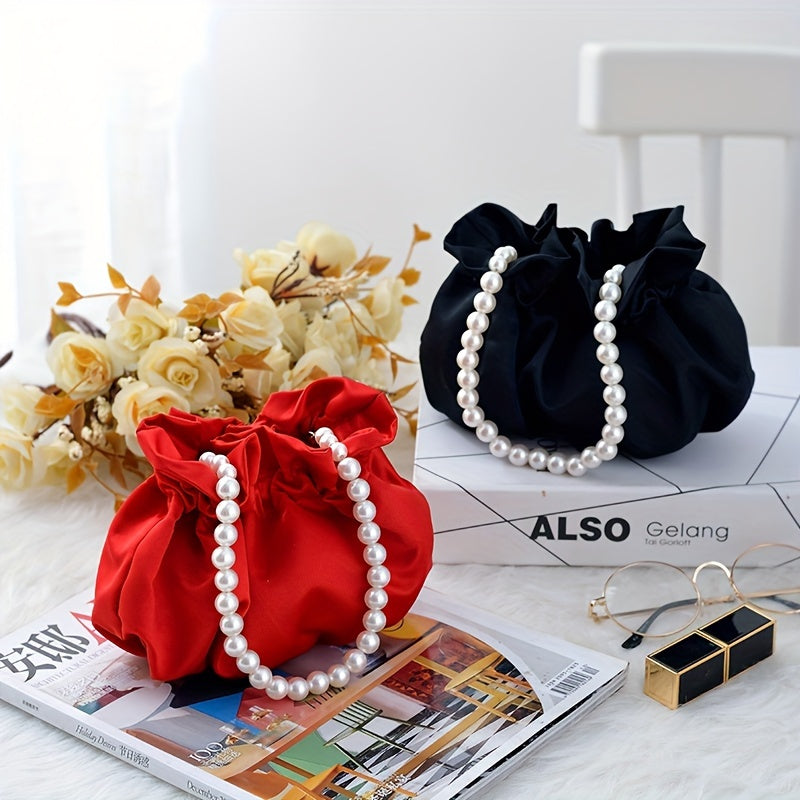 Cute Mini Drawstring Pearl Bucket Clutch - Elegant Women's Classic Banquet Handbag & Purse with Decorative Pearl Accents, Soft Fabric, and Adjustable Strap