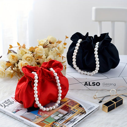 Cute Mini Drawstring Pearl Bucket Clutch - Elegant Women's Classic Banquet Handbag & Purse with Decorative Pearl Accents, Soft Fabric, and Adjustable Strap