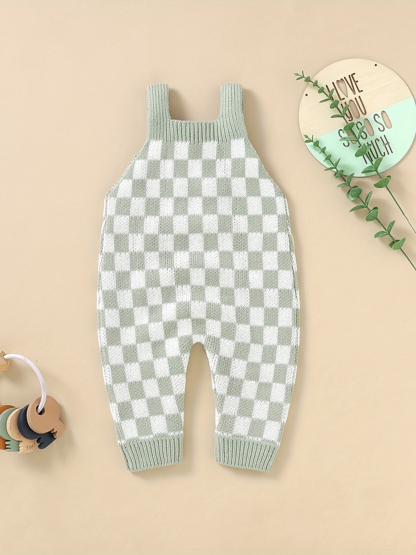 Cozy Baby Plaid Knitted Long Overall Pants - Soft Medium Stretch Acrylic Fabric, Square Neck, Elastic Casual Suspender Jumpsuit with Adorable Small Pocket, Regular Fit, All-Season Wear, No Inner Wear Required