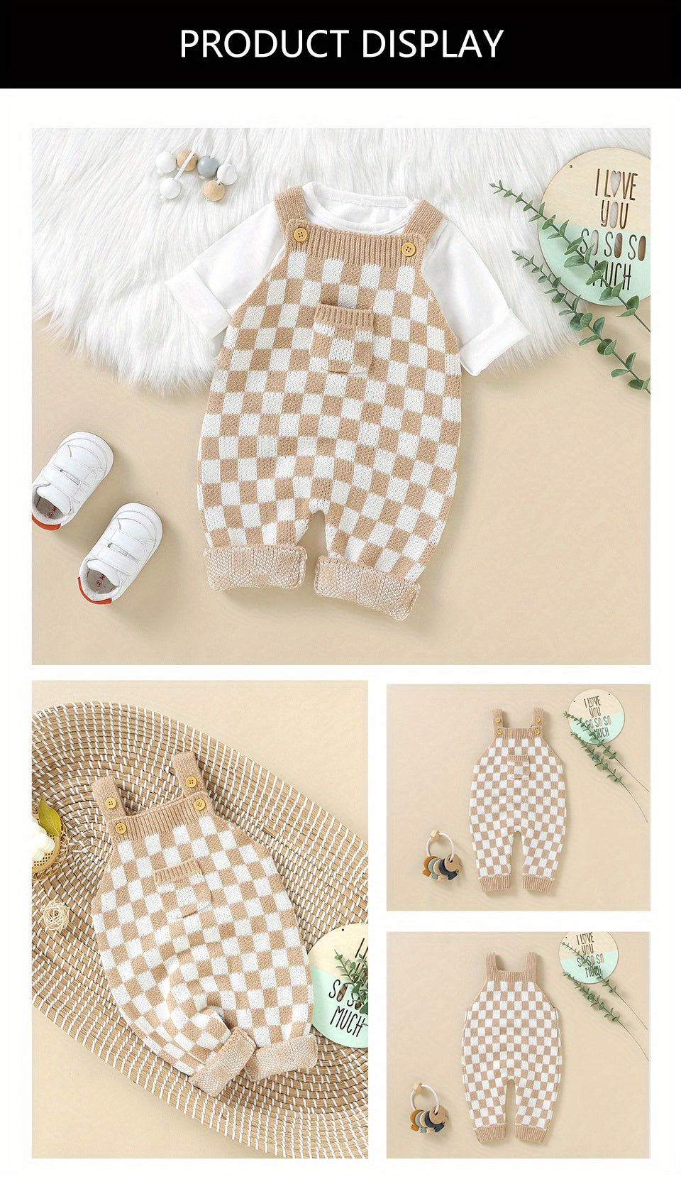 Cozy Baby Plaid Knitted Long Overall Pants - Soft Medium Stretch Acrylic Fabric, Square Neck, Elastic Casual Suspender Jumpsuit with Adorable Small Pocket, Regular Fit, All-Season Wear, No Inner Wear Required