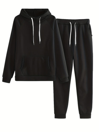 Women'S Casual Polyester Hooded Sweatshirt and Pants Set, Solid Color Long Sleeve Pullover with Pocket Detail, 100% Polyester Knit Fabric, Fall/Winter Sportswear
