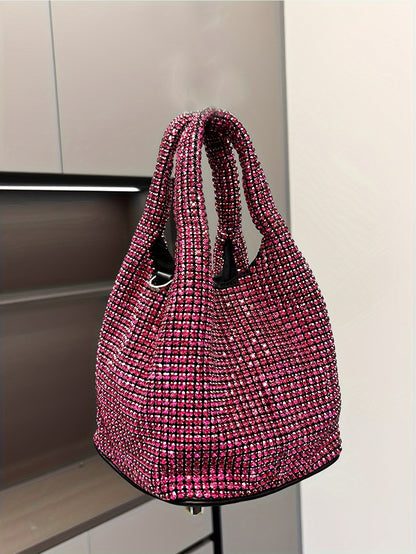 Luxurious Mini Rhinestone Bucket Handbag - Bling-Bling Evening Purse with Chain Strap, Fashionable, Spacious Interior, Perfect for Carnival, Mardi Gras, Music Festival, Party, Prom, and Night Out - Trendy, Glamorous, and Dura