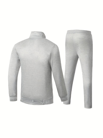 2pcs Embroidered Stand Collar Zip Up Jacket & Elastic Waist Drawstring Pants - Men's Sportswear Set for Outdoor Activities