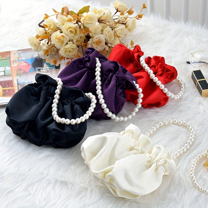 Cute Mini Drawstring Pearl Bucket Clutch - Elegant Women's Classic Banquet Handbag & Purse with Decorative Pearl Accents, Soft Fabric, and Adjustable Strap
