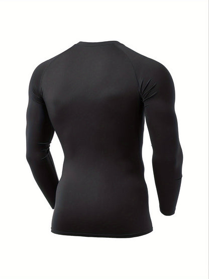 3-Pack Men's Plus Size Long Sleeve Compression Shirts, High-Stretch Polyester Blend, Athletic Crew Neck Sportswear Tops, UV Protection Moisture-Wicking Baselayer