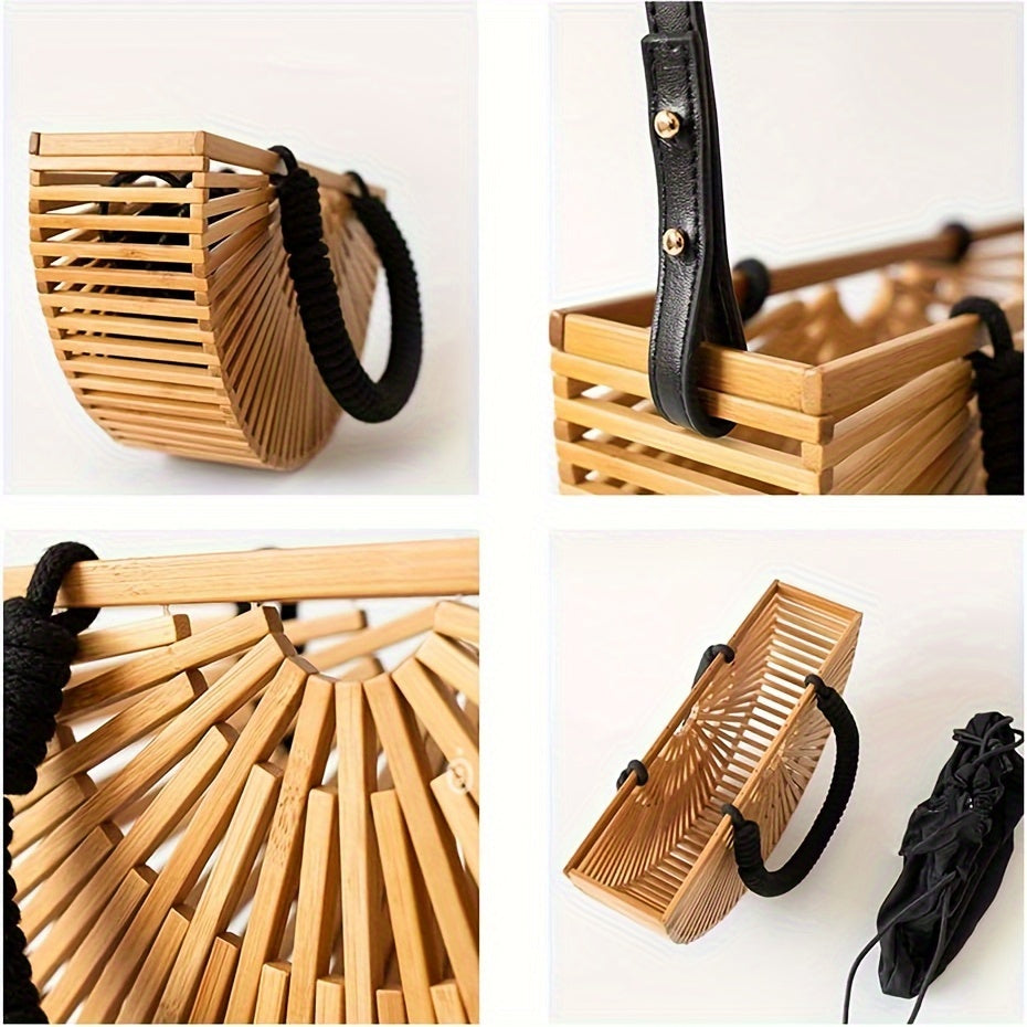 Bamboo Purse Women's Crossbody Bamboo Bag by Handmade Straw Purse Built-in Storage Bag Summer Beach Purse Tote Handbag