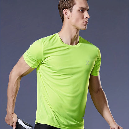 Men's Quick-Dry Athletic T-Shirt - Neon Green Workout Shirt, Lightweight Moisture-Wicking Gym Tee for Running, Training, Boxing, Cycling - Breathable Athletic Top with Round Neck, Gym Shirt, Sports Apparel, Sleek Design, Elas