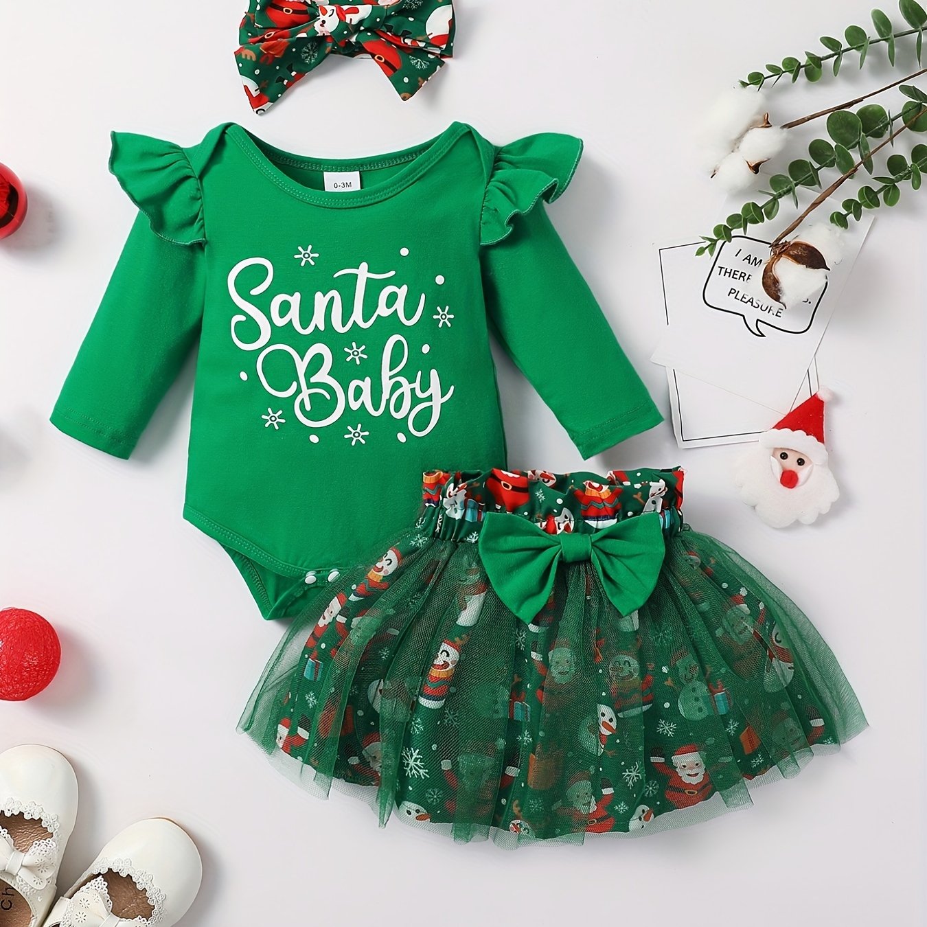 Baby Girls Adorable Christmas Outfit Infant Long Sleeve Romper & Snowman Print Tulle Dresses Set Festival Party Dress Up