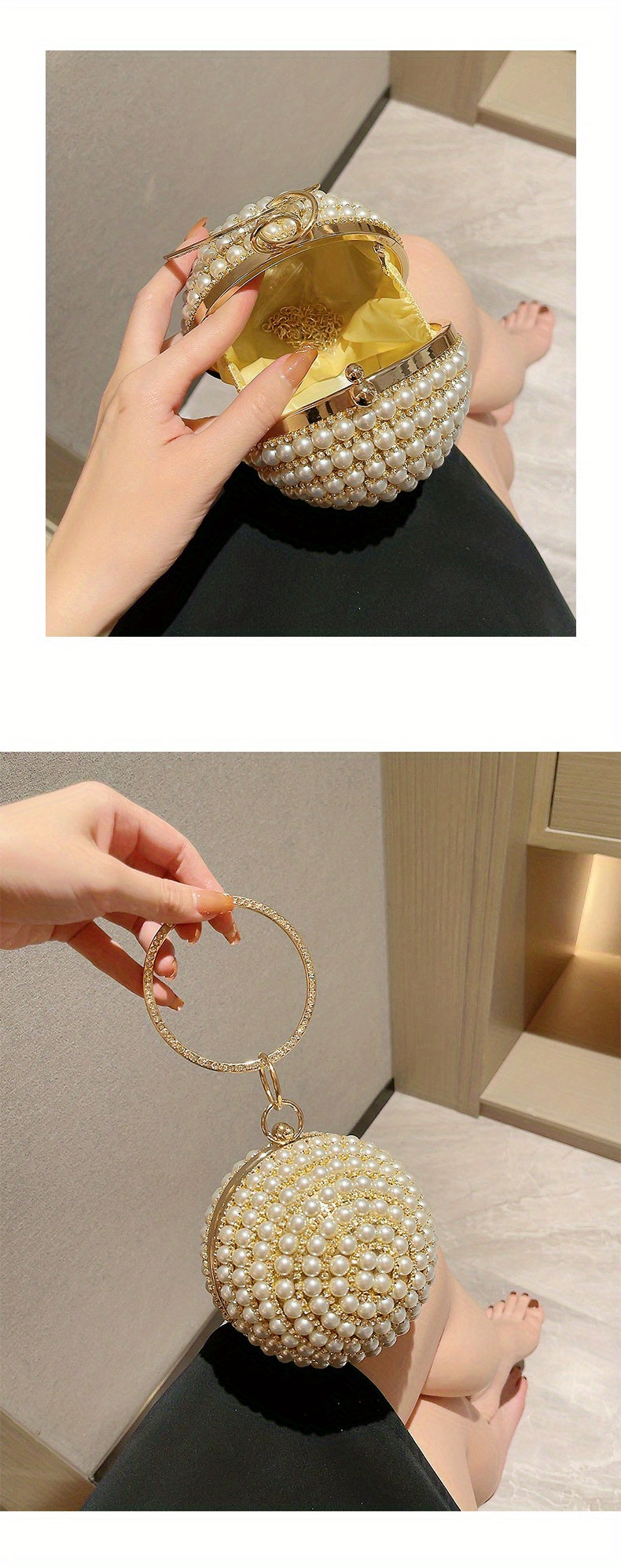 Glamorous Faux Pearl & Rhinestone Ball Clutch - Sparkling Evening Handbag for Weddings, Proms & Parties - Womens Fashion Purse