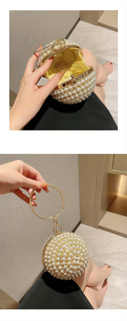 Glamorous Faux Pearl & Rhinestone Ball Clutch - Sparkling Evening Handbag for Weddings, Proms & Parties - Womens Fashion Purse