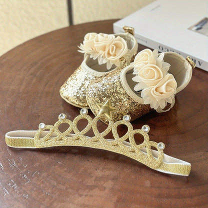 2pcs Baby Girls Mary Jane Flat Shoes With Flower Decor & Crown Headband, Princess Dress Crib Shoes First Walker Shoes For Newborn Infant
