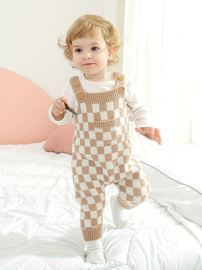 Cozy Baby Plaid Knitted Long Overall Pants - Soft Medium Stretch Acrylic Fabric, Square Neck, Elastic Casual Suspender Jumpsuit with Adorable Small Pocket, Regular Fit, All-Season Wear, No Inner Wear Required