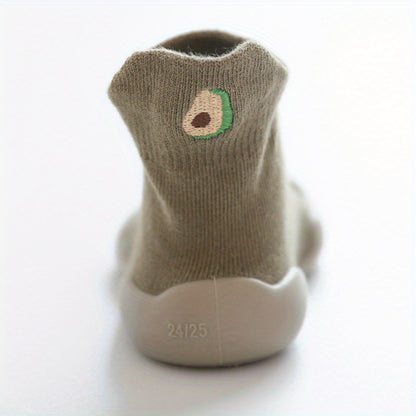 Infant Baby Girls Cute Cartoon Fruit Embroidery Lightweight High Top Sock Shoes, Toddlers Outdoor Comfortable Non-slip Soft Sole Slip On Floor Shoes
