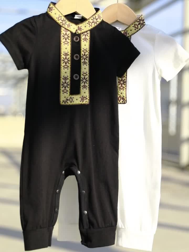 Eid Al-Adha Eid Al-Adha Baby Boy's Short Sleeve Casual Jumpsuit, Lapel Button Up Classic Floral Printed Bodysuit, Eid Al-Adha