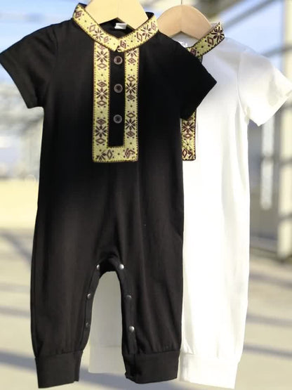 Eid Al-Adha Eid Al-Adha Baby Boy's Short Sleeve Casual Jumpsuit, Lapel Button Up Classic Floral Printed Bodysuit, Eid Al-Adha