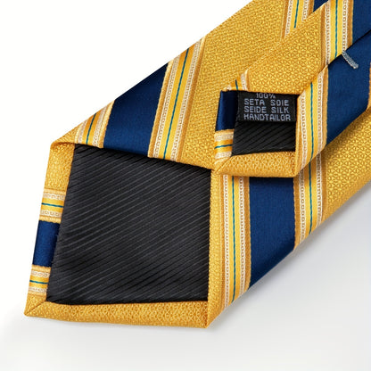 Classic Striped Tie Set For Men Blue Yellow Ties Trendy Woven Necktie Hanky Cufflinks Set Business Tie, Ideal choice for Gifts