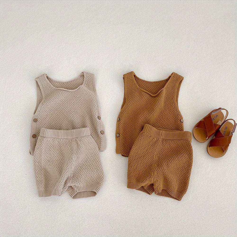 2pcs Baby Infant Girls Casual Plain Color Knit Tank Top & Shorts Set Clothes