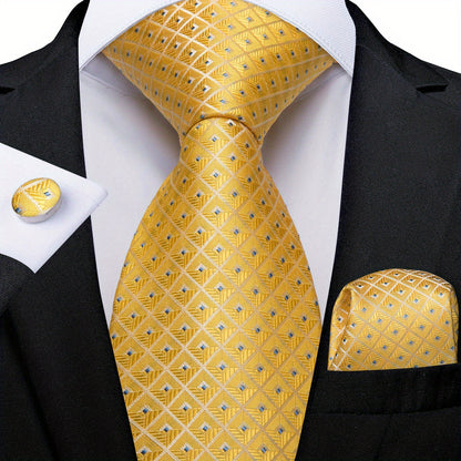 Classic Striped Tie Set For Men Blue Yellow Ties Trendy Woven Necktie Hanky Cufflinks Set Business Tie, Ideal choice for Gifts