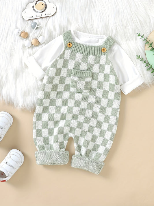 Cozy Baby Plaid Knitted Long Overall Pants - Soft Medium Stretch Acrylic Fabric, Square Neck, Elastic Casual Suspender Jumpsuit with Adorable Small Pocket, Regular Fit, All-Season Wear, No Inner Wear Required