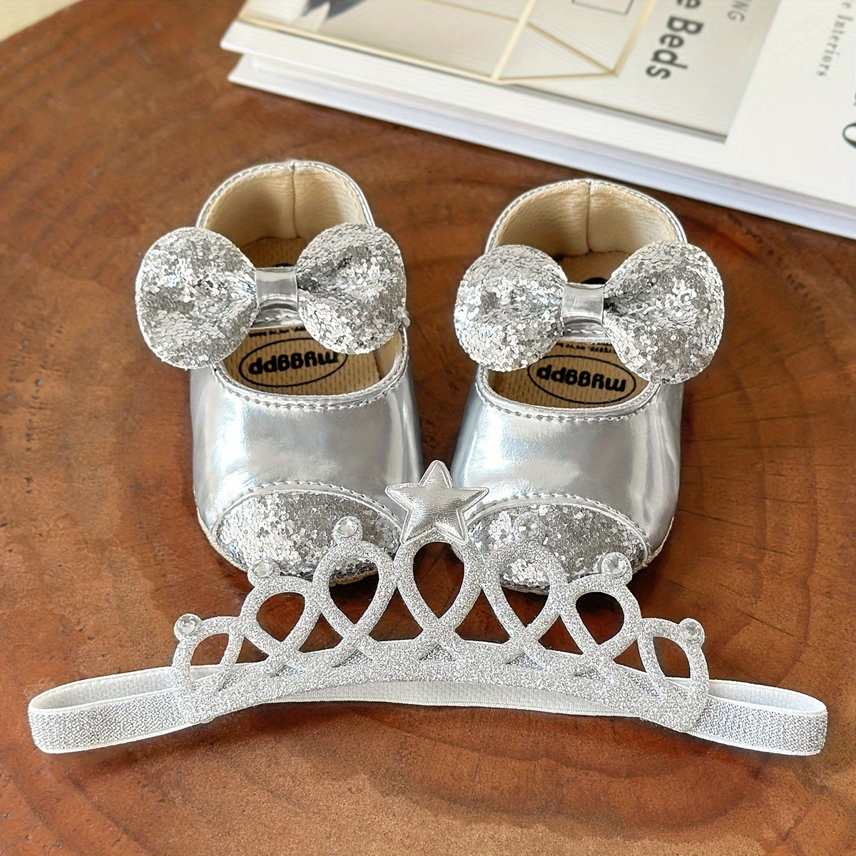 2pcs Baby Girls Mary Jane Flat Shoes With Flower Decor & Crown Headband, Princess Dress Crib Shoes First Walker Shoes For Newborn Infant
