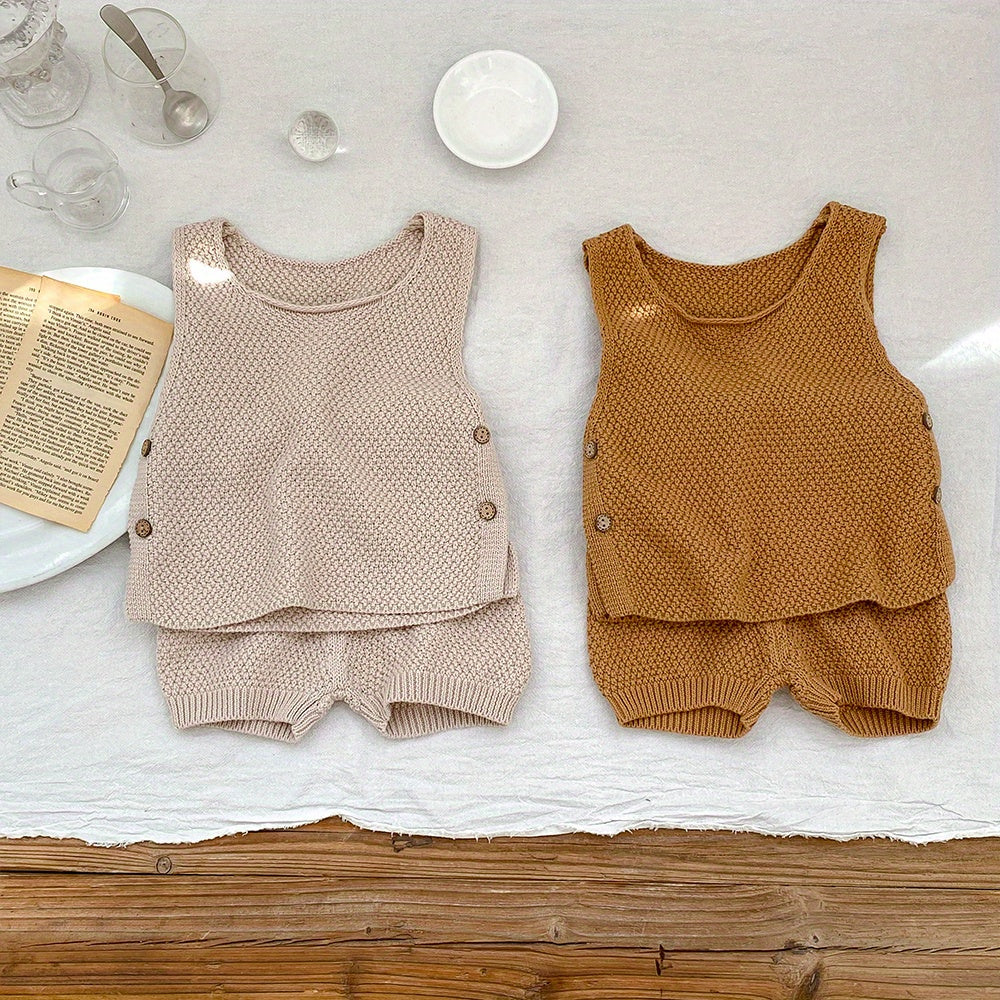 2pcs Baby Infant Girls Casual Plain Color Knit Tank Top & Shorts Set Clothes