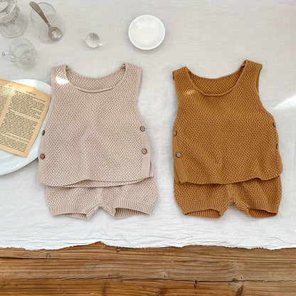 2pcs Baby Infant Girls Casual Plain Color Knit Tank Top & Shorts Set Clothes
