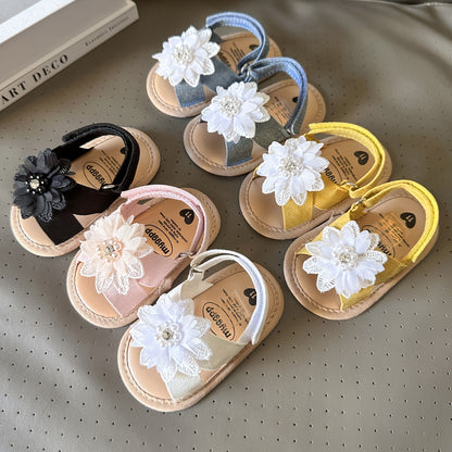 Baby Girls Flower Hook And Loop Sandals, Lightweight Non-Slip Comfy Walking Shoes For Newborn Infant, Summer