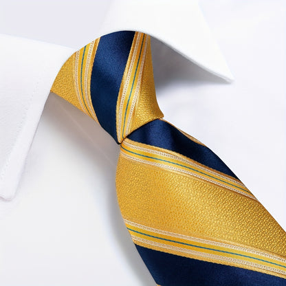 Classic Striped Tie Set For Men Blue Yellow Ties Trendy Woven Necktie Hanky Cufflinks Set Business Tie, Ideal choice for Gifts