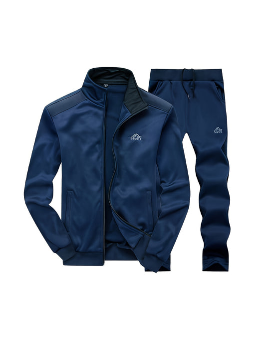 2pcs Embroidered Stand Collar Zip Up Jacket & Elastic Waist Drawstring Pants - Men's Sportswear Set for Outdoor Activities