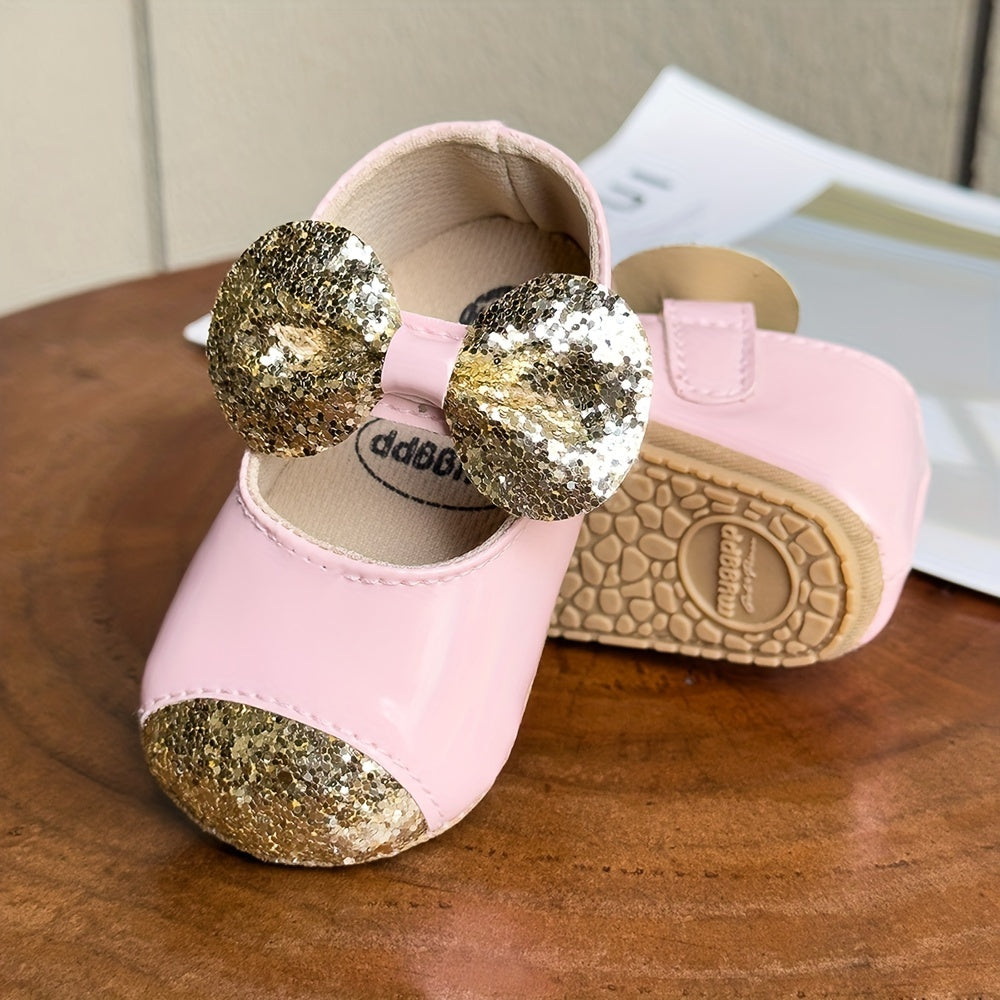2pcs Baby Girls Mary Jane Flat Shoes With Flower Decor & Crown Headband, Princess Dress Crib Shoes First Walker Shoes For Newborn Infant