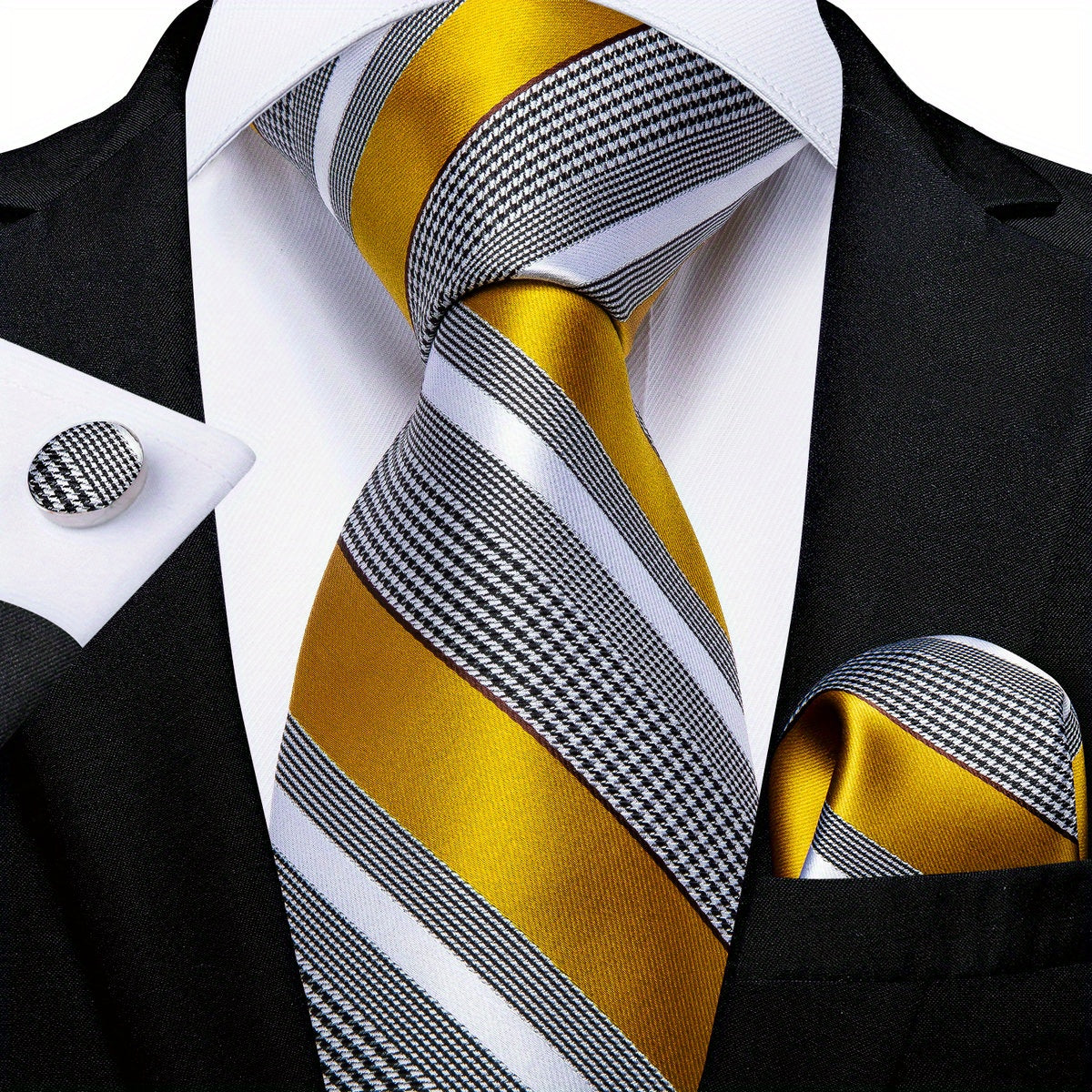 Classic Striped Tie Set For Men Blue Yellow Ties Trendy Woven Necktie Hanky Cufflinks Set Business Tie, Ideal choice for Gifts