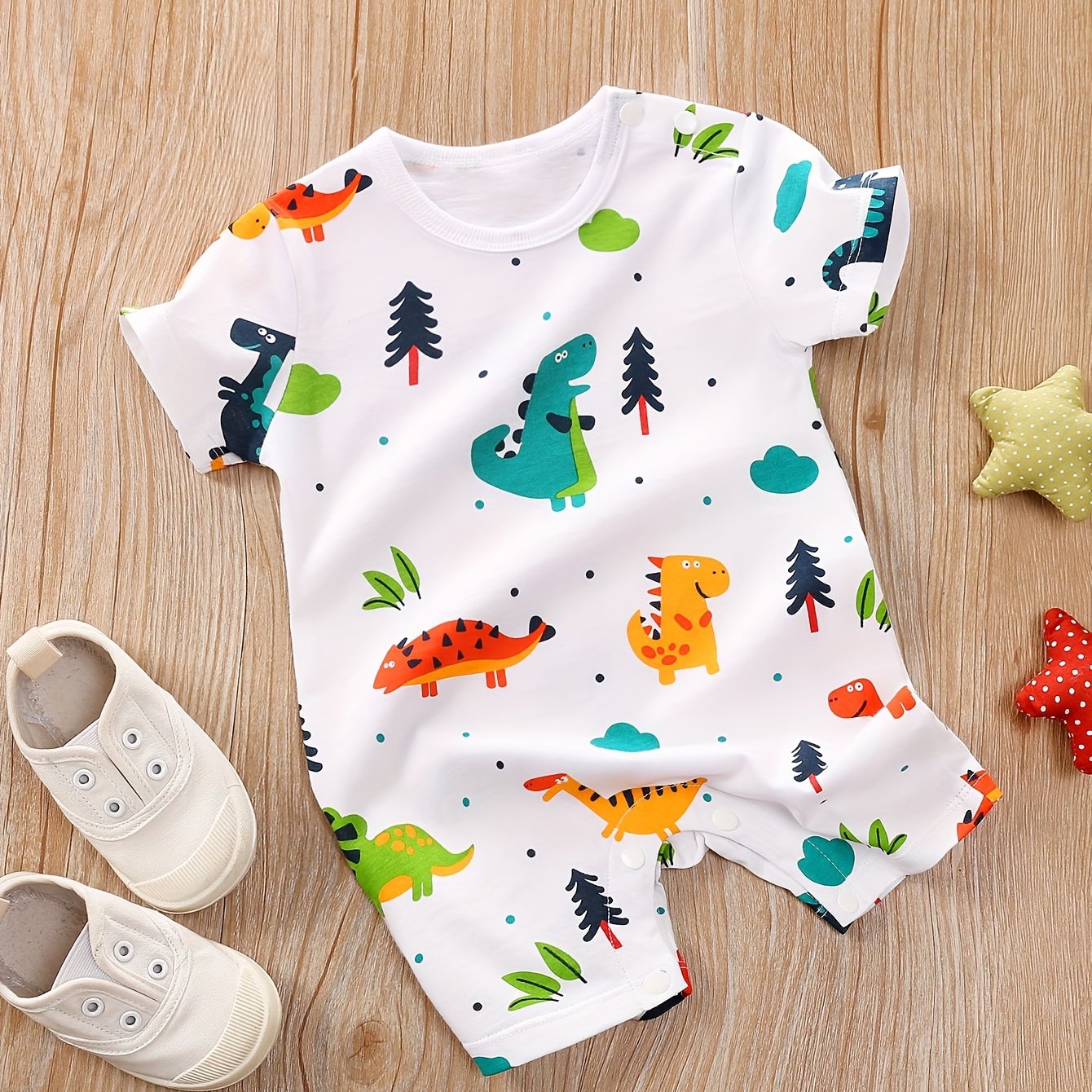 Baby Boys And Girls Cute Dinosaur Graphic Print Cotton Short Sleeve Romper Jumpsuit Clothes