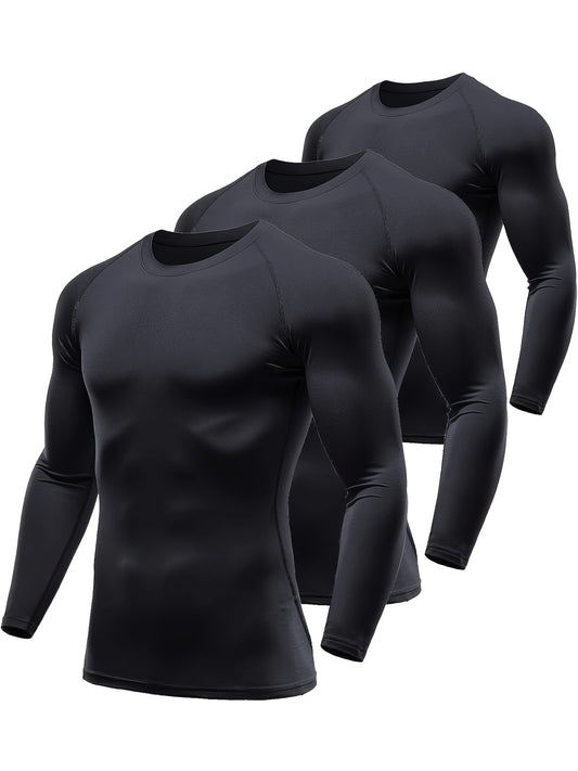 3-Pack Men's Plus Size Long Sleeve Compression Shirts, High-Stretch Polyester Blend, Athletic Crew Neck Sportswear Tops, UV Protection Moisture-Wicking Baselayer