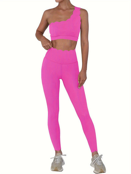 Women's 2 Piece Set Solid Color Sports Casual Suit, One Shoulder Tube Top And High Waist Skinny Leggings, Women's Sportswear