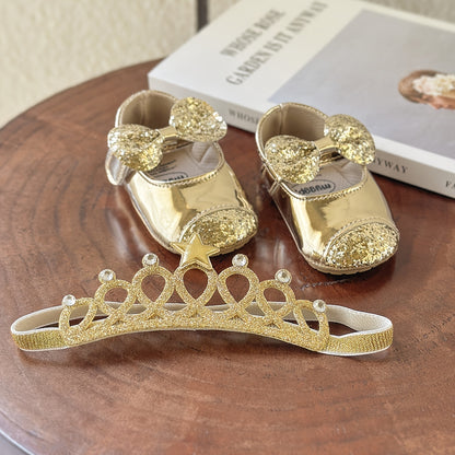 2pcs Baby Girls Mary Jane Flat Shoes With Flower Decor & Crown Headband, Princess Dress Crib Shoes First Walker Shoes For Newborn Infant