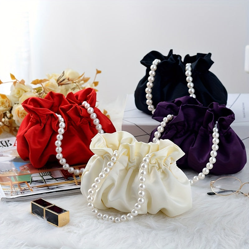 Cute Mini Drawstring Pearl Bucket Clutch - Elegant Women's Classic Banquet Handbag & Purse with Decorative Pearl Accents, Soft Fabric, and Adjustable Strap