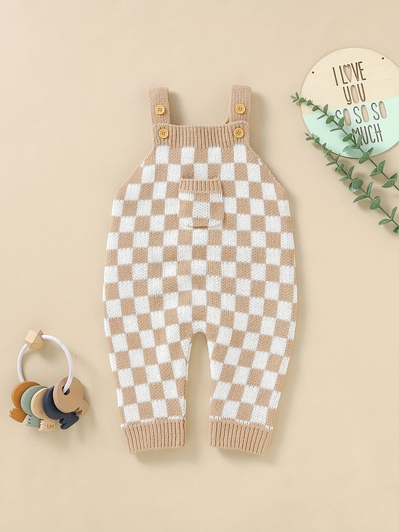 Cozy Baby Plaid Knitted Long Overall Pants - Soft Medium Stretch Acrylic Fabric, Square Neck, Elastic Casual Suspender Jumpsuit with Adorable Small Pocket, Regular Fit, All-Season Wear, No Inner Wear Required