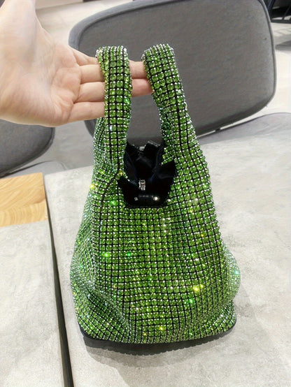 Luxurious Mini Rhinestone Bucket Handbag - Bling-Bling Evening Purse with Chain Strap, Fashionable, Spacious Interior, Perfect for Carnival, Mardi Gras, Music Festival, Party, Prom, and Night Out - Trendy, Glamorous, and Dura