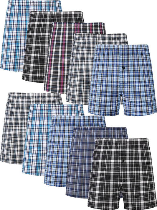10 Pcs JupiterSecret Mens Loose Fit Cotton Blend Boxer Shorts - Elastic Waistband, Button Fly, Striped Pattern, Non-Stretch Fabric, Casual Wear for Everyday Comfort - Random Style