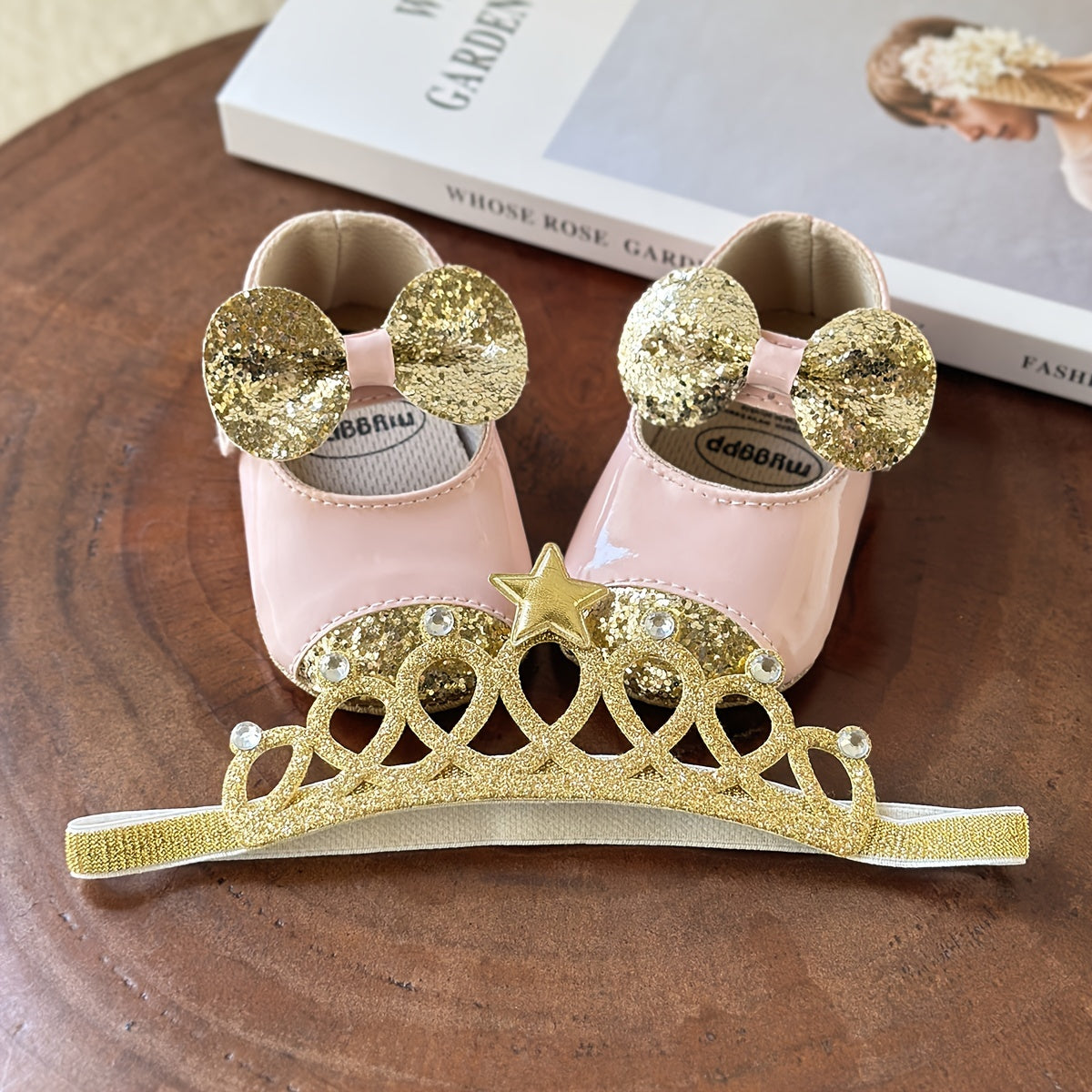 2pcs Baby Girls Mary Jane Flat Shoes With Flower Decor & Crown Headband, Princess Dress Crib Shoes First Walker Shoes For Newborn Infant